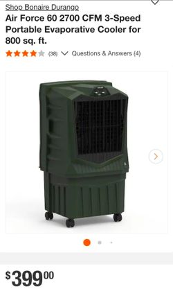 Bonaire Durango
Air Force 60 2700 CFM 3-Speed Portable Evaporative Cooler for 800 sq. ft.