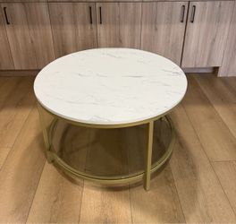 Round Marble-Look Coffee Table with Gold Frame