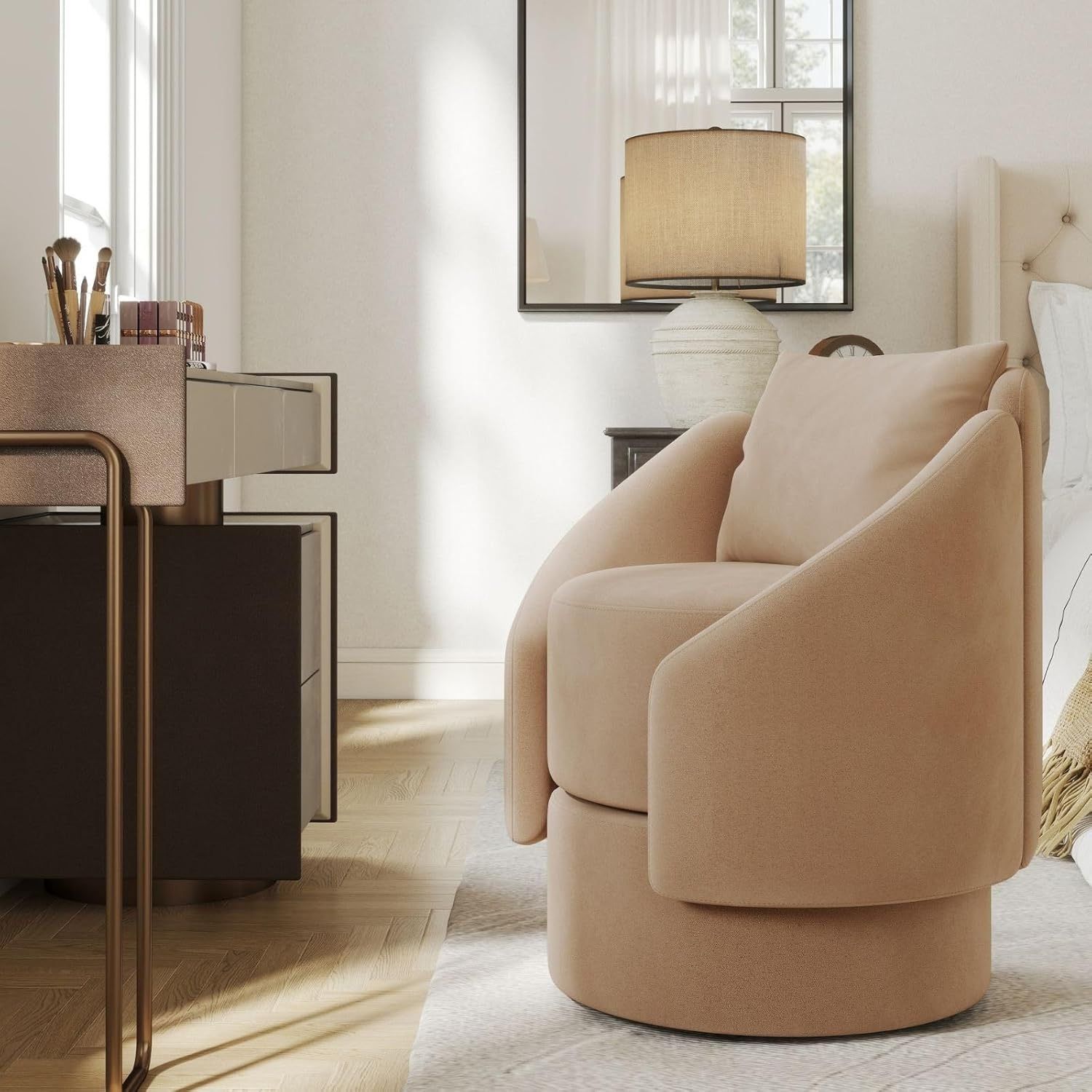 Modern Upholstered Suede Finish NEW Camel Swivel Barrel Chair $225 Retail