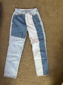 PacSun mom jeans with blue and white color blocking, size 27