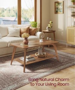 Coffee Table, 2-Tier Center Table with Storage, Tapered Legs Curved Transitions, Easy to Assemble, for Living Room, 21.7 x 39.4 x 17.7 Inches, Honey B