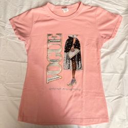 Women’s Pink Fashion Graphic T-Shirt with Rhinestones – Short Sleeve Size M