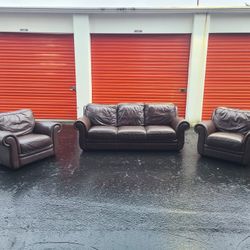 Brown Leather Couch And Chairs Set - Free Delivery