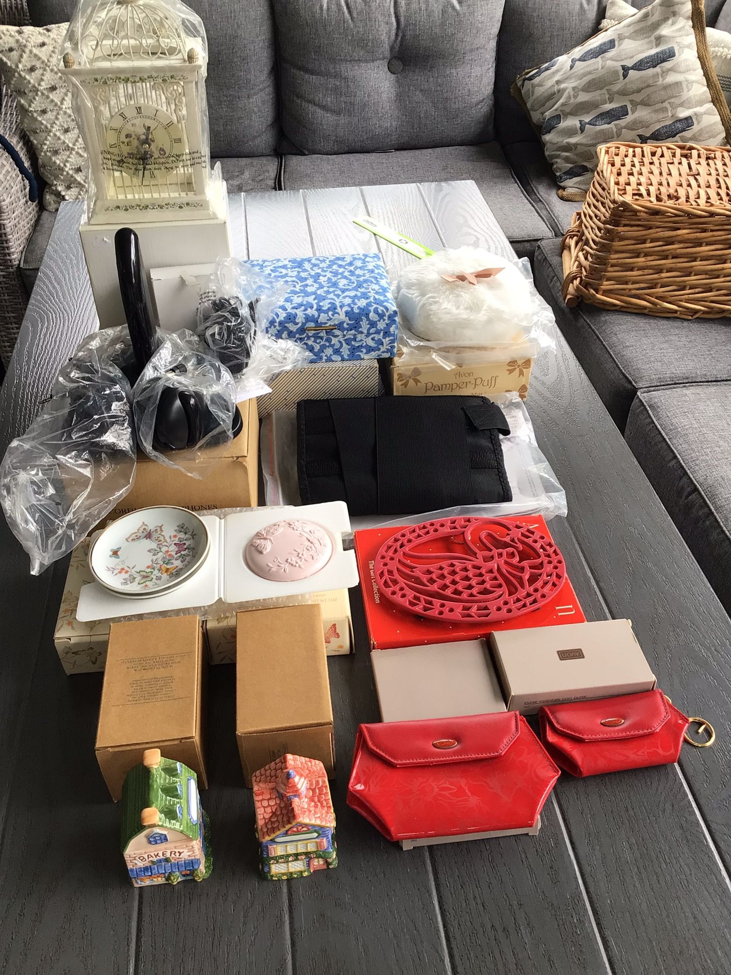Vintage Avon Never Used New In Box Spice Jars Trivet Clock Jewelry Box Support Belt Cordless Headphones