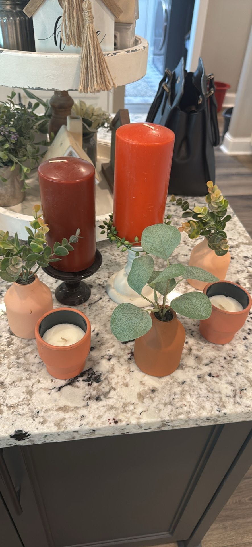 Candles, candle holder, potted faux plants