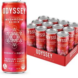 Odyssey Passion Fruit Orange Guava Sparkling Mushroom Elixir Energy Plus Focus Drink, 12 Fluid Ounce -- 12 per case