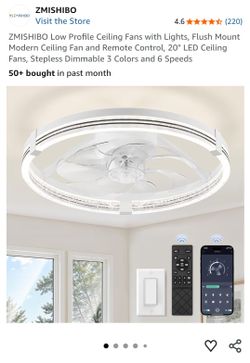 Low Profile Ceiling Fans with Lights, Flush Mount Modern Ceiling Fan and Remote Control, 20" LED Ceiling Fans, Stepless Dimmable 3 Colors and 6 Speeds