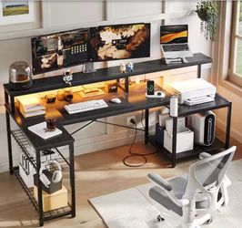 71.5 in. L-Shaped Black Carbon Fiber LED Desk with Monitor Stand, Storage Shelves and Power Outlets