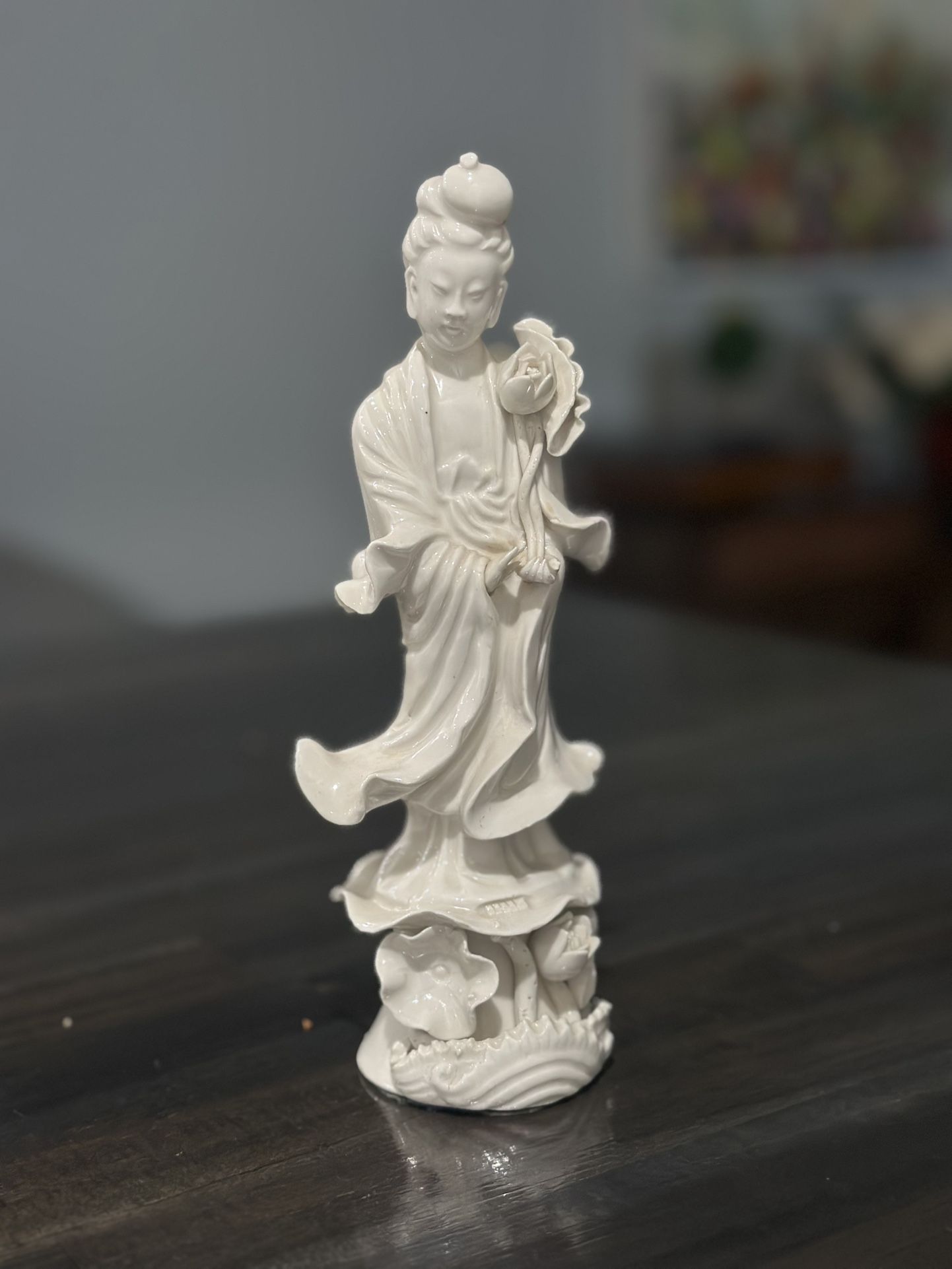 Vintage - Circa Early 1900's - "Blanc de Chine" - White Porcelain Statue - Figure of Goddess - Guanyin Standing on Lotus Flower - Chinese
