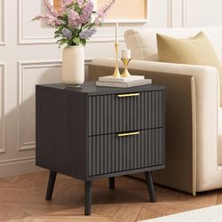 CARPETNAL Black Fluted Nightstand with 2 Drawers, 18'' Wide Bedside Table for Bedroom, Modern Night Stand with Gold Metal Legs, Small Space End Table(