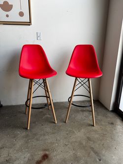 Pair of Red Eames Style DSW Bar Stools