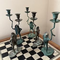 5 Brass Frogs On Lily Pads Candle Holders 