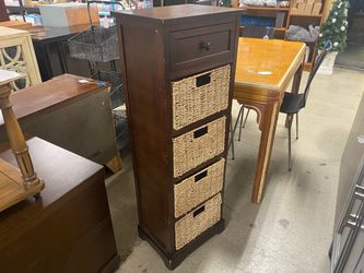 Dark Brown Storage Tower w/ Drawer & 4 Wicker Baskets