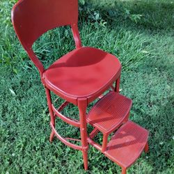 Mid-Century Cosco Red Metal Fold Out Step Stool Chair.