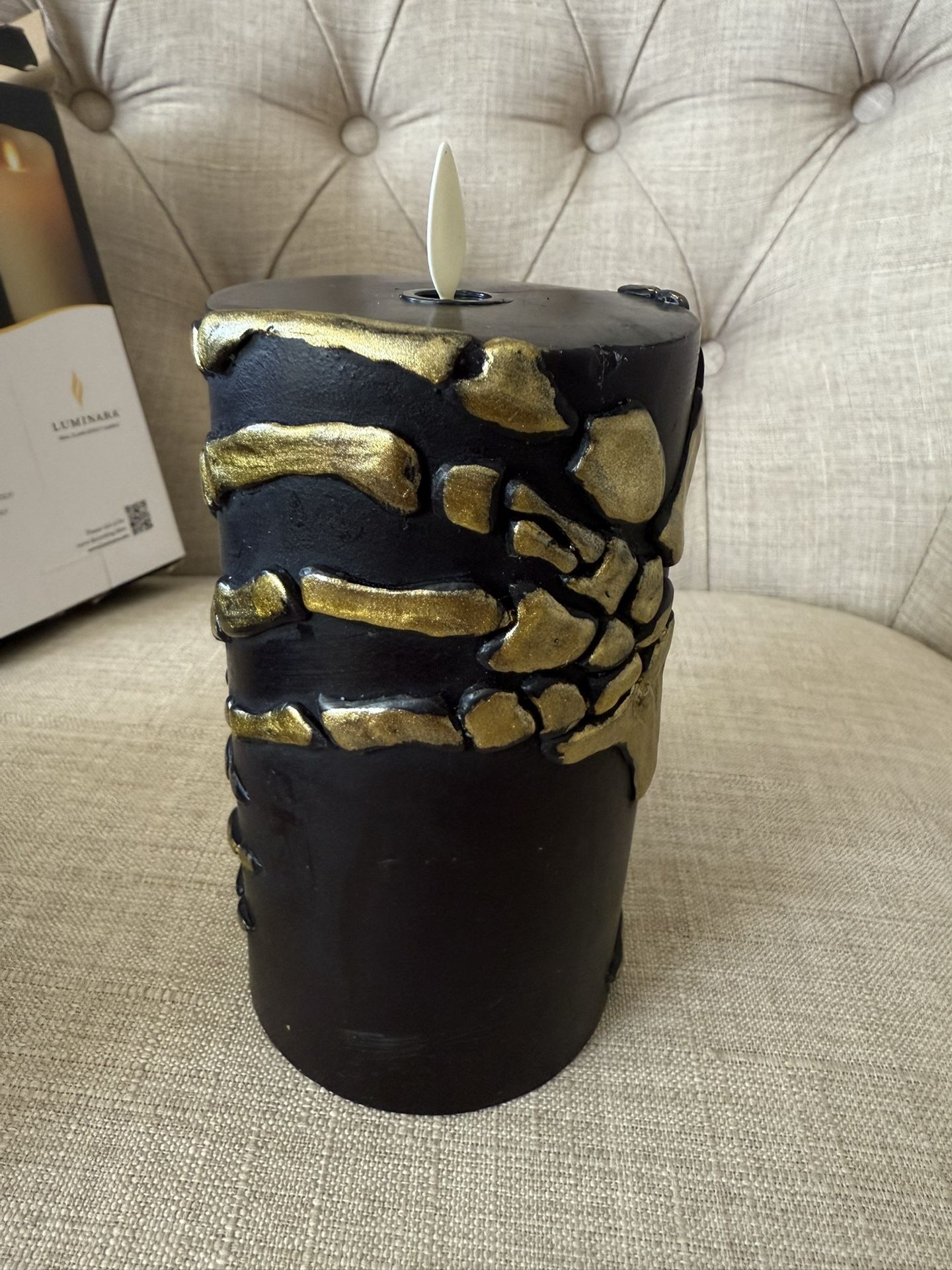 Luminara Skeleton Hands Flameless LED Candle, Black & Gold 3" x 6.5", Moving Flame Pillar, Battery Operated Timer Real Wax Halloween Gothic Home Decor