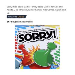Brand new Sorry! Kids Board Game, Family Board Games for Kids and Adults, 2 to 4 Players, Family Games, Kids Games, Ages 6 and Up  Whitestone/Flushing