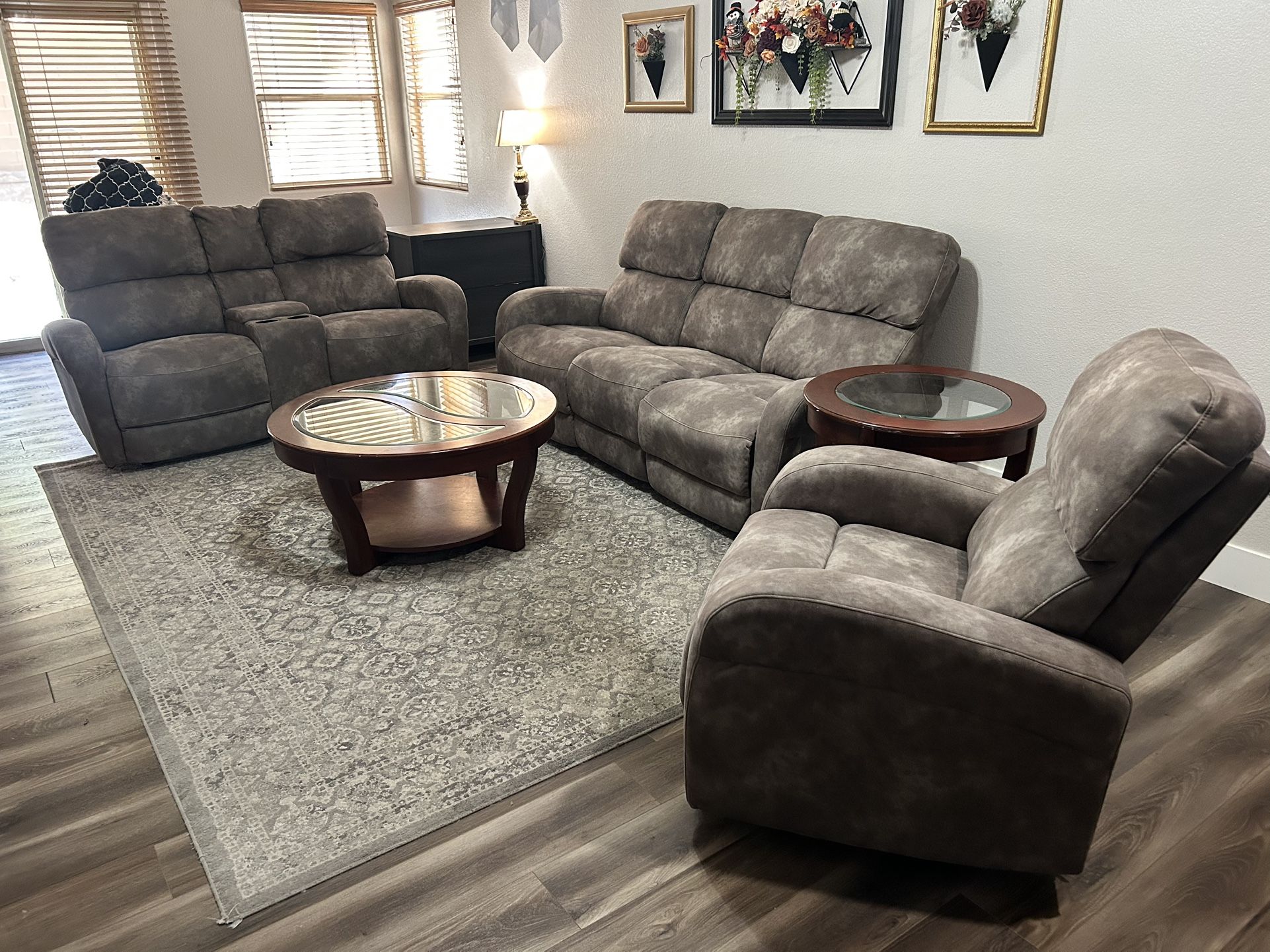 Gray Microfiber Living Room Set- 3 Pieces Plus Tables And Rug