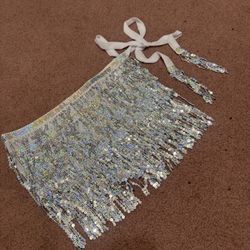 New silver sequin fringe wrap mini skirt festival rave dance metallic