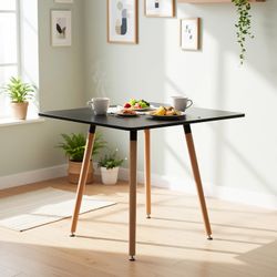 Homy Casa Rookie 31.5" Black Square Dining Table with Solid Wood Legs Modern Matte PU Compact Kitchen Table