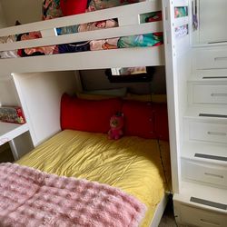 Loft bed with full-size under bed, drawers cabinet, and desk