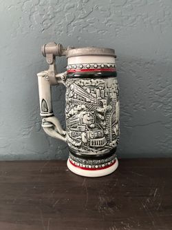Vintage 1982 AVON Beer Stein Mug w/ Lid. Raised Train Graphic. Pre Owned.