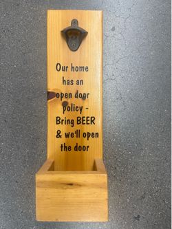 Rustic Wooden Wall-Mounted Bottle Opener with Cap Catcher
