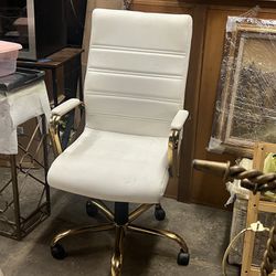 White Leather And Gold Swivel Office Chair In Good Condition