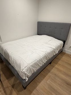 Grey Upholstered Bed Frame with Tufted Headboard