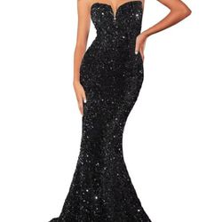 Black Women's Sequin Mermaid Prom Dresses Long Strapless Sweetheart Fitted Formal Evening Party Gowns

