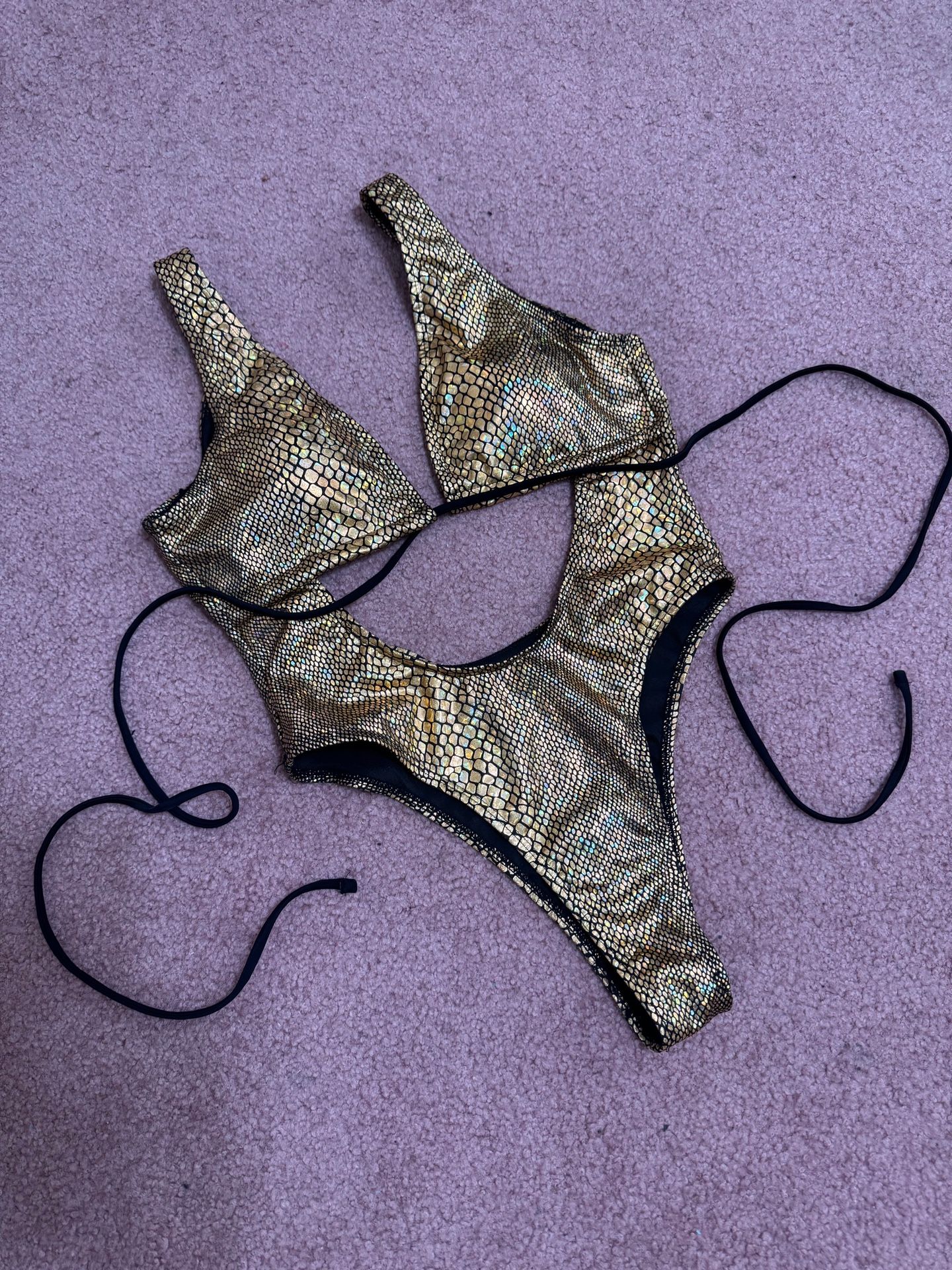 New Medium Gold Metallic One Piece Swimsuit Bikini Outfit Bodysuit Festival Rave