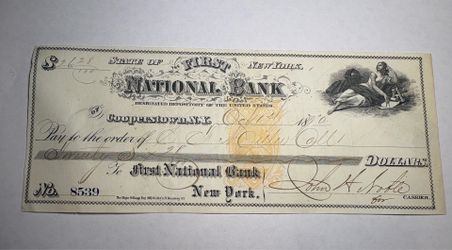 1878 First National Bank Cooperstown NY Antique Handwritten Check Ephemera