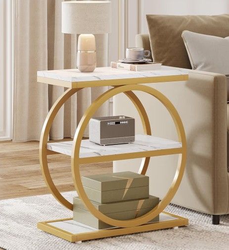 End Table with Storage Shelves, 3-Tier Wooden Industrial Sofa Side Table with Metal Frames for Living Room, Slim Nightstand and Bedside Table fo