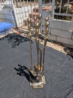 Vintage Brass Fireplace Tool Set – 5-Piece Fireside Companion Kit with Stand