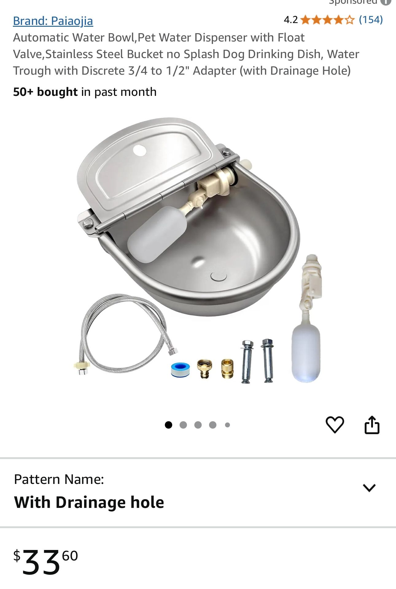 Automatic Water Bowl, Pet Water Dispenser with Float Valve, Stainless Steel Bucket no Splash Dog Drinking Dish, Water Trough with Discrete 3/4 to 1/2"
