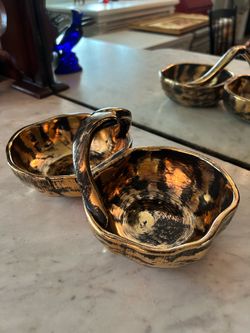 Vintage STANGL Pottery Black Gold Double Nut Candy Bowl Dish, #3784