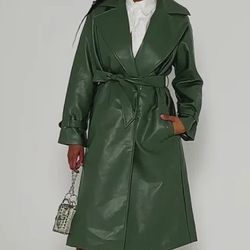 Woman's Long Olivish Green Leather Jacket Lined.