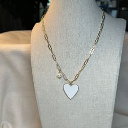 LPL Creations “Cutie Necklace”  Featuring Fresh Water Pearl Charm Dangle and White Enamel Heart Pendant Necklace 