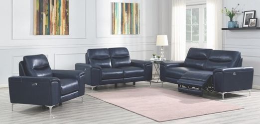 Brand New 2 Piece Ink Blue Leather Power Reclining Sofa and Love Seat