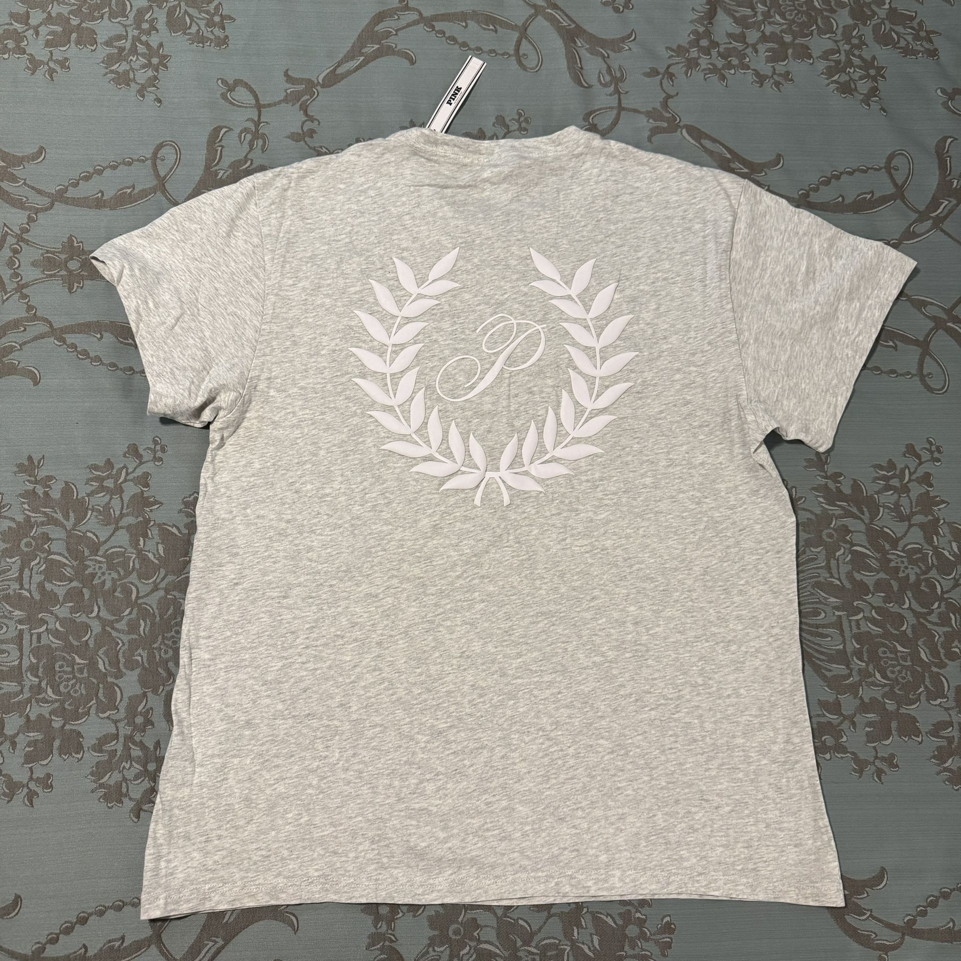 Victoria's Secret PINK Gray White Campus Short Sleeve Tee Shirt Size Medium