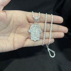 925 Sterling Silver Womens Hamsa Hand Talisman Pendant & Rope Chain