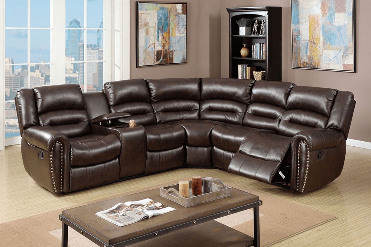 Brown Faux Leather Manual Motion Sectional Sofa