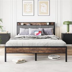 Queen Platform Metal Bed Frame with Storage Headboard