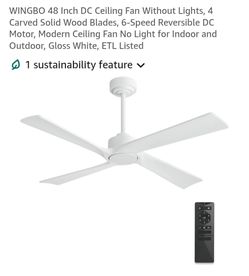 WINGBO 48 Inch DC Ceiling Fan Without Lights, 4 Carved Solid Wood Blades, 6-Speed Reversible DC Motor, Modern Ceiling Fan No Light for Indoor and Outd