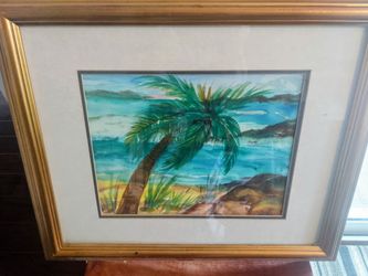 Coastal tropical signed double matted framed artwork
