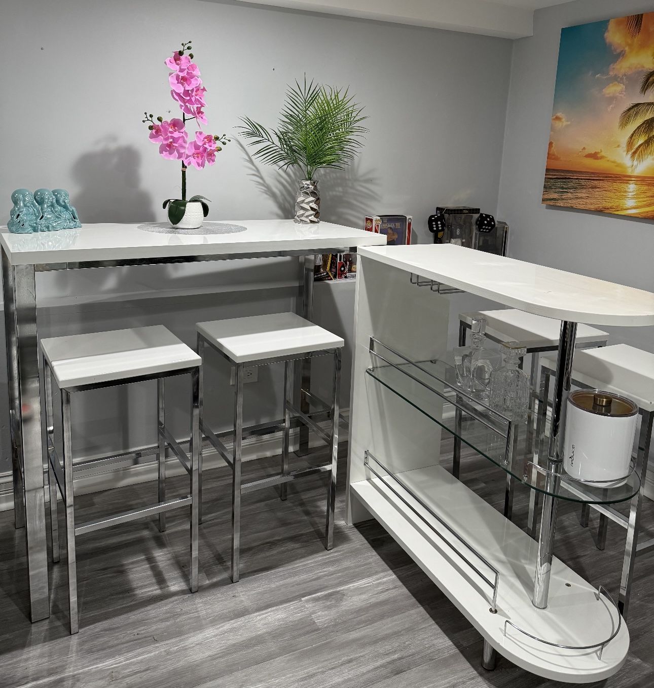 White Bar & Matching Table And Stool Set