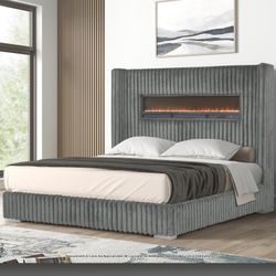 Beautiful Gray Bed With High Headboard With Fireplace (New In A Box)