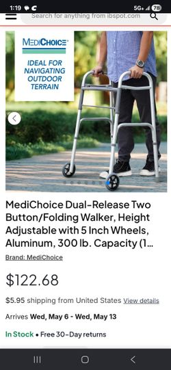 Button/Folding Walker, Height Adjustable with 5 Inch Wheels, Aluminum, 300 lb. Capacity