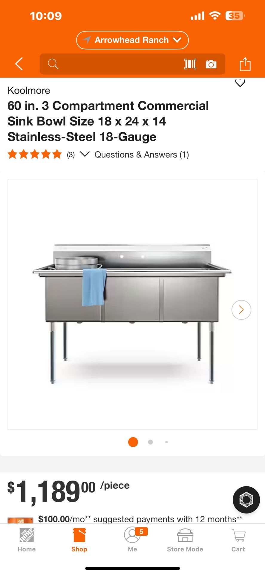 Koolmore 60 in. 3 Compartment Commercial Sink Bowl Size 18 x 24 x 14 Stainless-Steel 18-Gauge