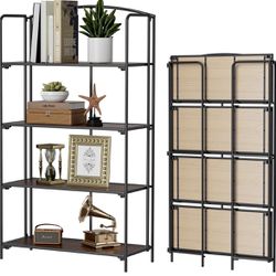 No Assembly Folding Bookshelf, 4 Tier Black Bookshelf, Metal Book Shelf for Storage, Folding Bookcase for Office Organization and Storage
