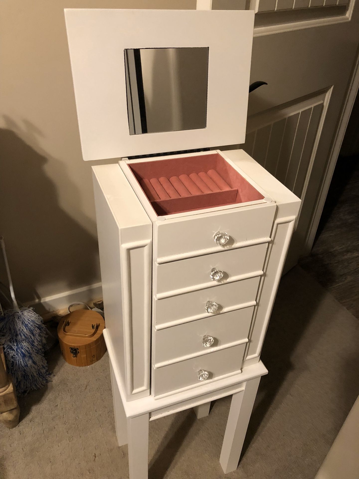 Pretty girls standing jewelry box chest with vanity mirror storage pink white